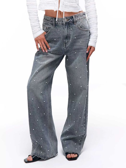 Дамски дънки с широки крачоли и перли 34-42