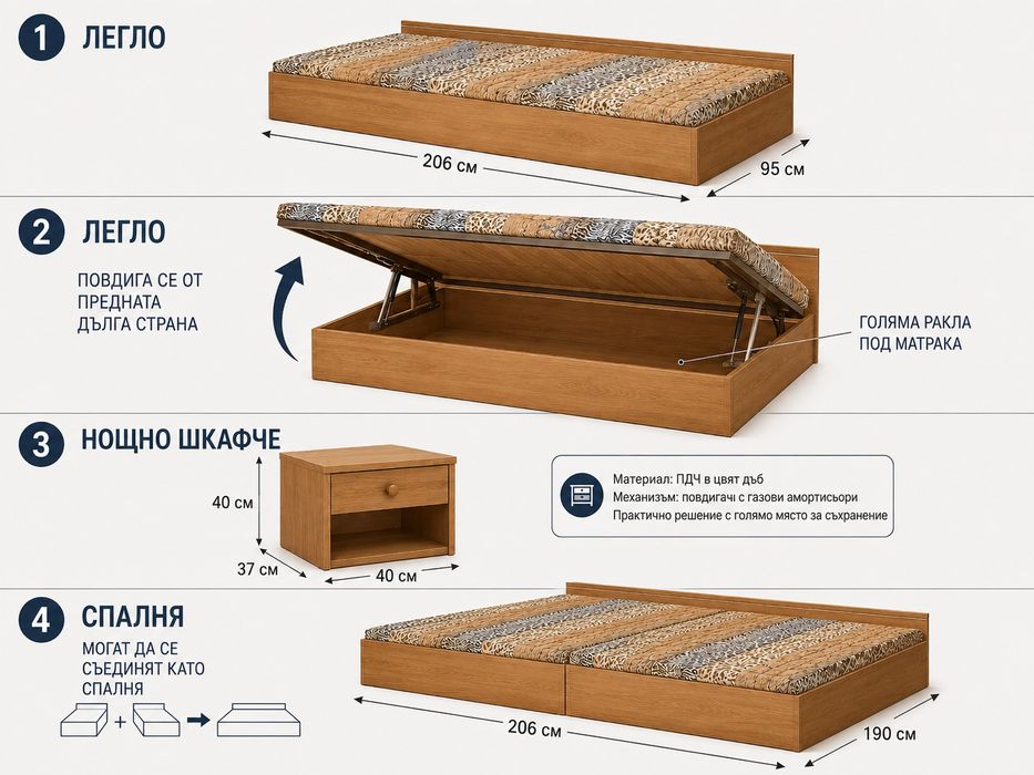СПЕШНО! Продавам 2 единични легла с ракли, 2 нощни шкафчета и 2 матрака