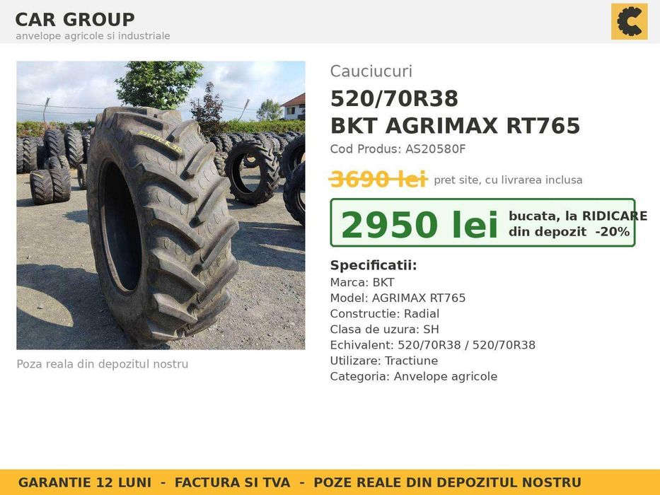 ANVELOPE 520/70R38 BKT Agrimax RT765 Cauciucuri Tractor Spate 4x4 John Deere New Holland SH GARANTIE Factura TVA