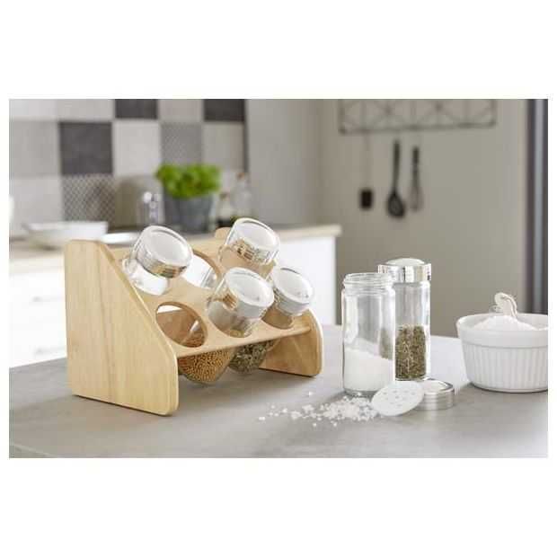 Сет за подправки с дървена стойка и 6 бурканчета