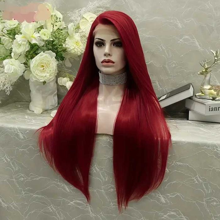 Дълга права тъмно червена бордо перука с дантела лейс фронт LACE FRONT