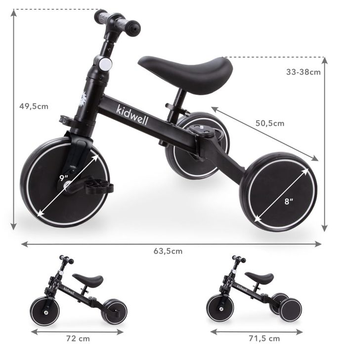 Kidwell Tricicletă Pliabilă și Tricicletă Pentru Copii 3 în 1 pentru 2+ Ani Neagră