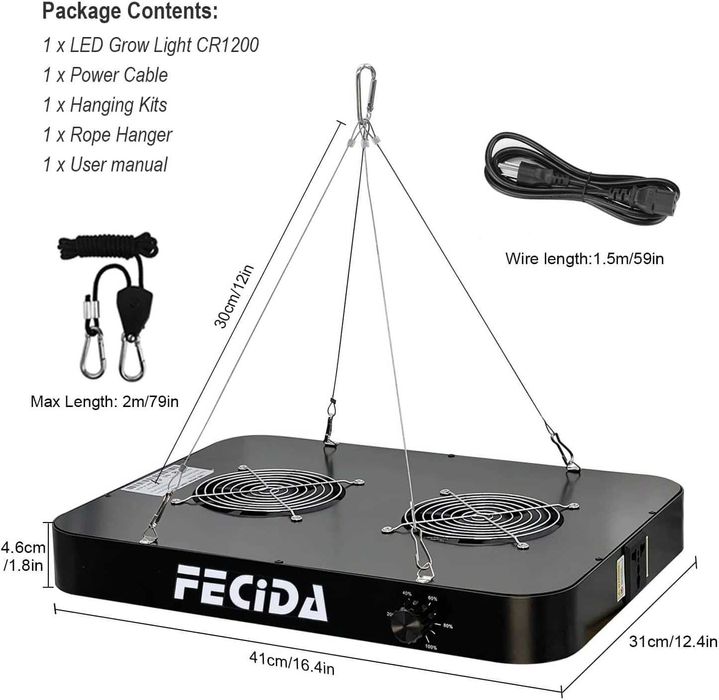 Lampa LED Grow FECiDA 260W Full Spectrum Dimmable 24000 LM 90x90cm Tent - Culturi interioare sera