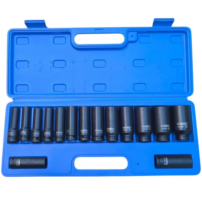 Комплект 15 броя ударни вложки 1/2, Дълги вложки 12 стенни в куфар