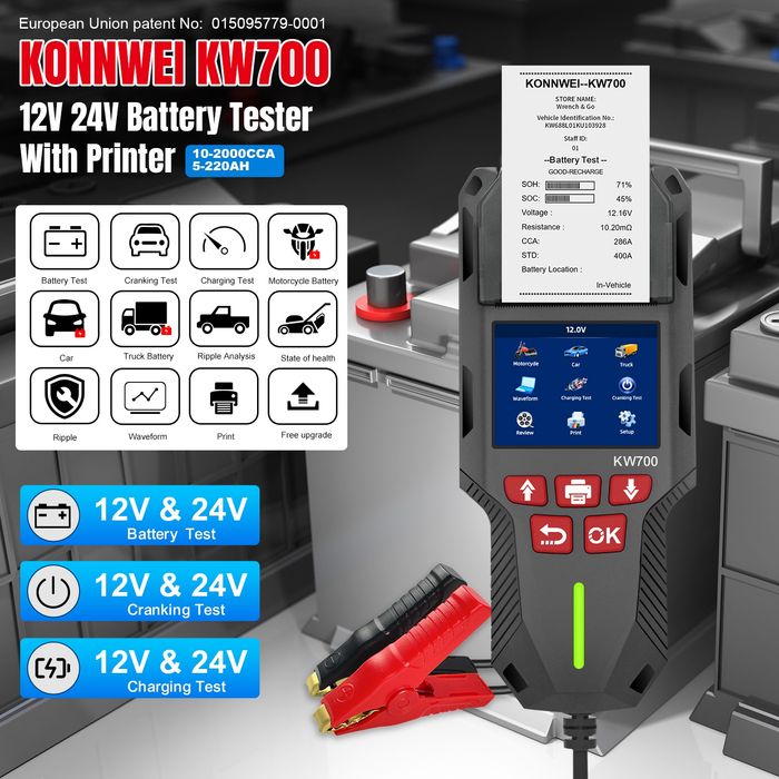 KONNWEI KW700 - Analizor / Tester BATERIE Auto 12V / 24V PROFESIONAL cu IMPRIMANTA integrata, Rating 10-2000 CCA, Capacitate 5-220 Ah - NOU / SIGILAT