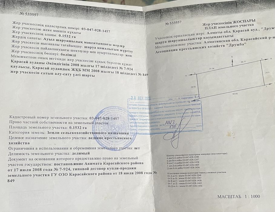 Кошмамбеттен 15 соток жер сатылады
