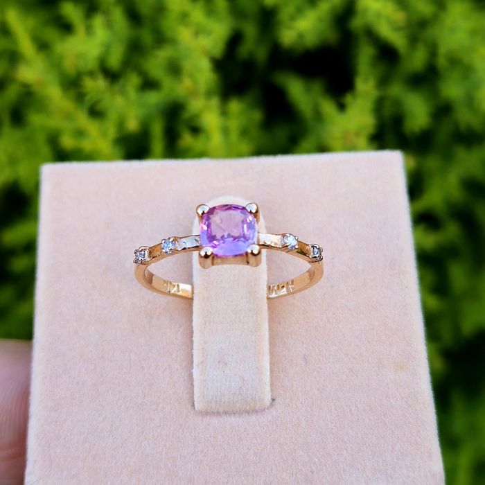 Inel din aur de 14K cu safir roz natural și diamante naturale
