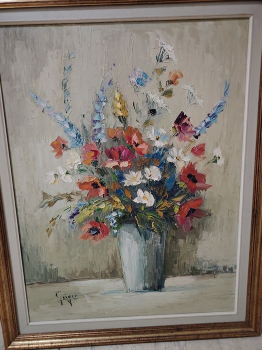 Pictură veche  deosebita în cutit  ulei reprezentând un buchet de flor
