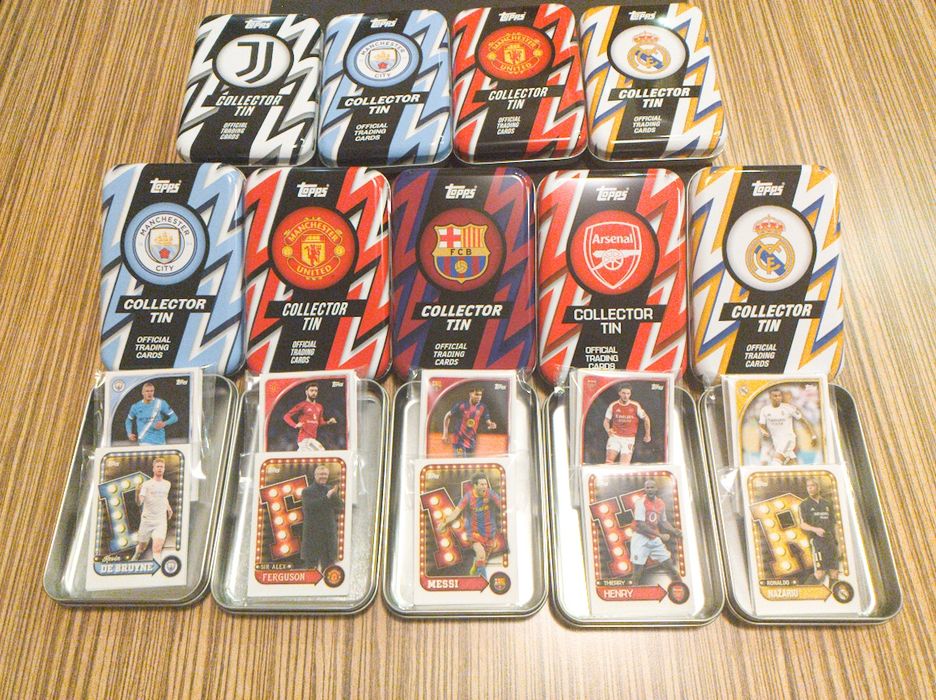 Футболни Карти Topps Collector Tin - Barcelona, Real Madrid, Manchester United, Manchester City, Arsenal, Juventus