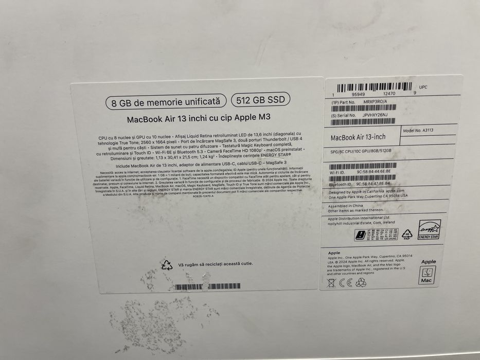 Laptop Macbook M3 SIGILAT 512Gb / 8GB RAM FACTURA/GARANTIE #40134