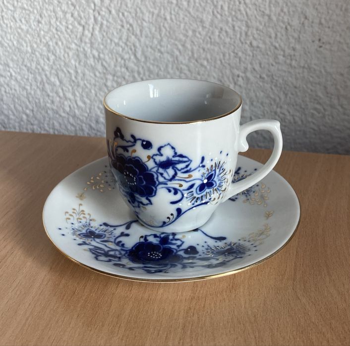 Set 6 cesti portelan artizanal, Cluj, cobalt si aur veritabil