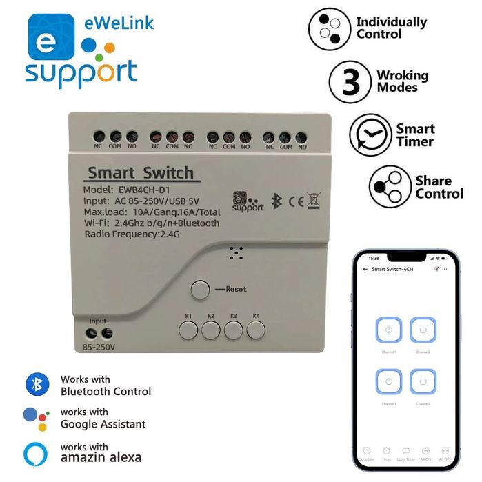 4 канала WiFi Smart Jogg Switch/Relay eWeLink Bluetooth контрол