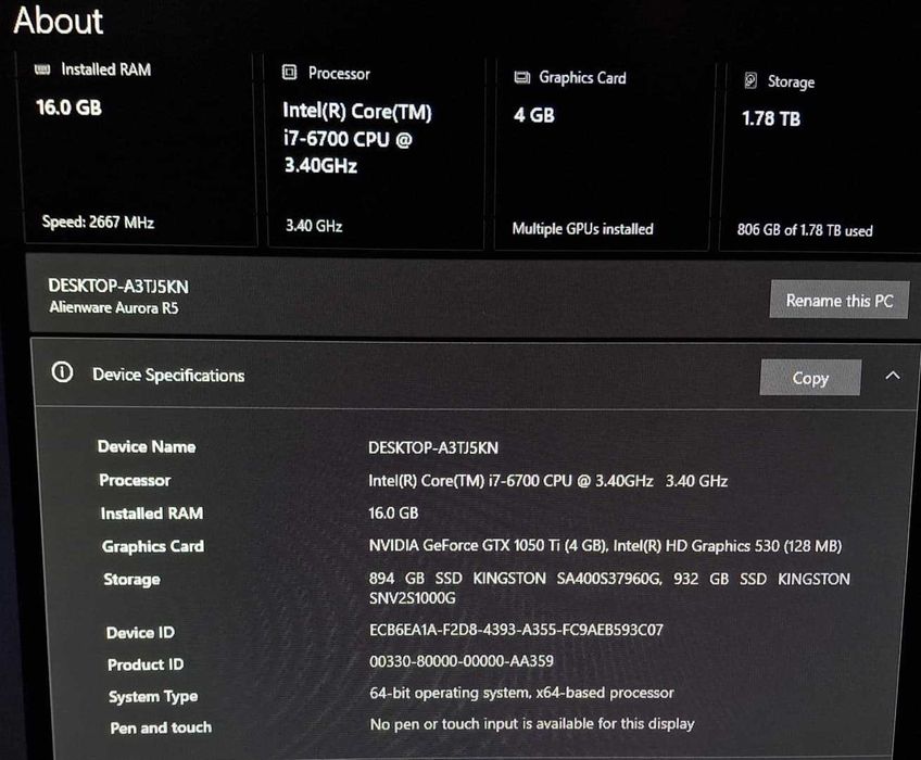 Pc Gaming Alienware Aurora R5 I7 / 16GB RAM / 2TB SSD / GTX 1050 TI