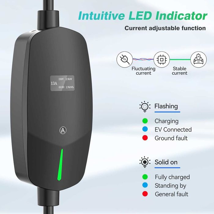 EVDANCE EV зарядно тип 2, 8 метра, 6/8/10/13A, регулируем ток, IP66