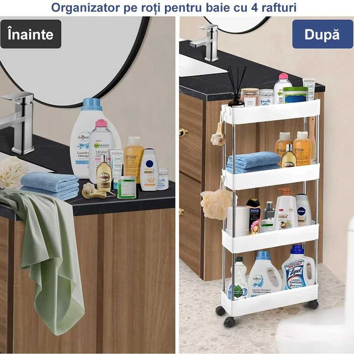 Etajera slim pentru baie si bucatarie cu 4 rafturi cu roti alb