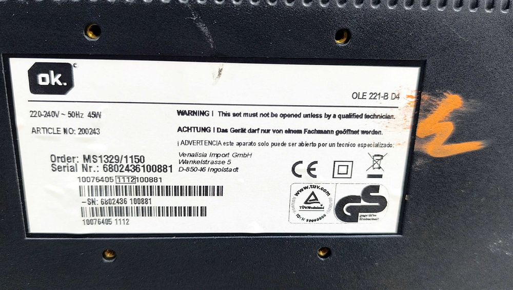 Televizor LED ok. OLE 221-B D4 Negru 22 Inch 56 cm Import Germania
