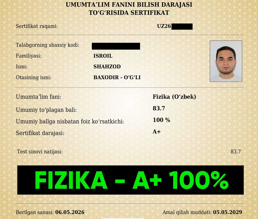 Fizika Milliy Sertifikat A+ 100%