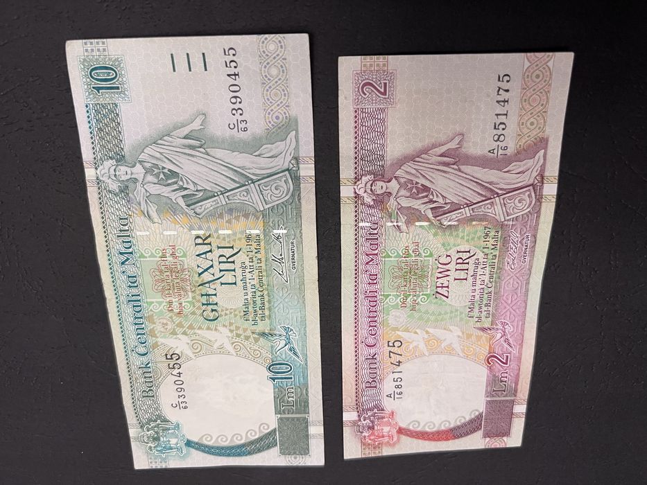 Bancnote Malta 2 și 10 Liri – colecție rară anii ‘80