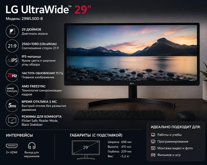 Монитор LG UltraWide 29" (29WL500-B)