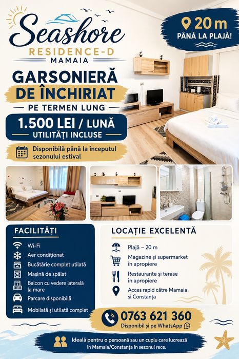„Garsonieră Mamaia 20m plajă – termen lung – utilități incluse”