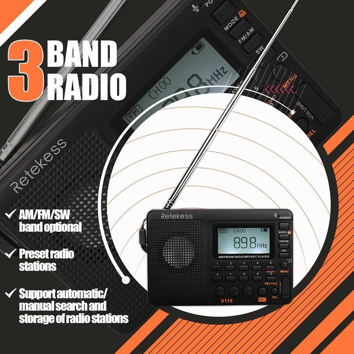 RETEKESS V115 FM,AM,SW радиоприемник,REC,TF Card MP3 Player