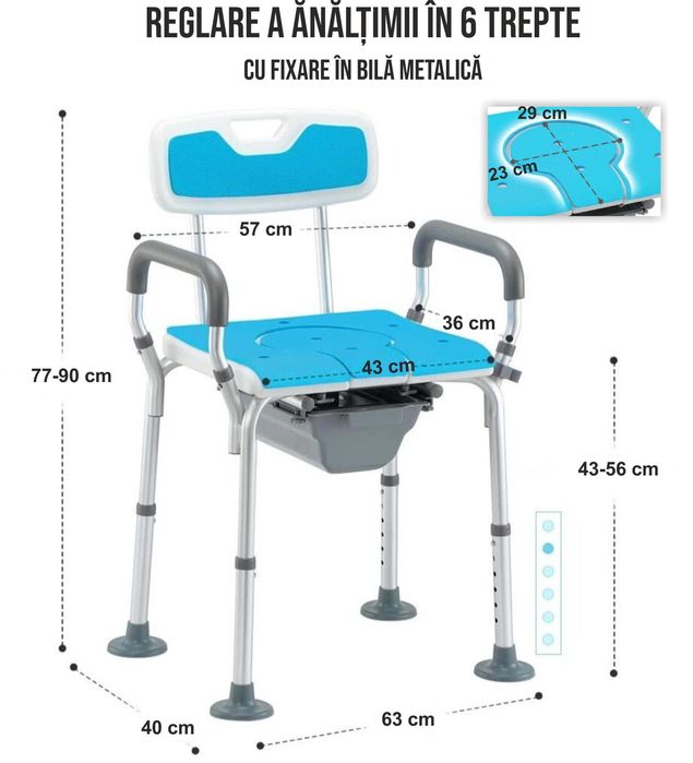 Scaun WC de Camera, aluminiu si plastic dur, sarcina 130 kg