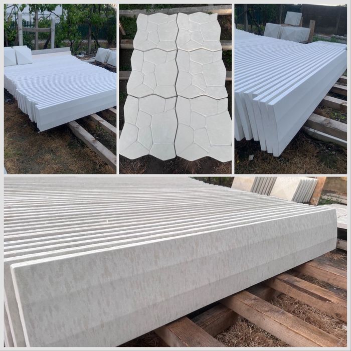 Prefabricate beton și mozaic. Travertin, intervale gard, capace stalpi, șpalieri