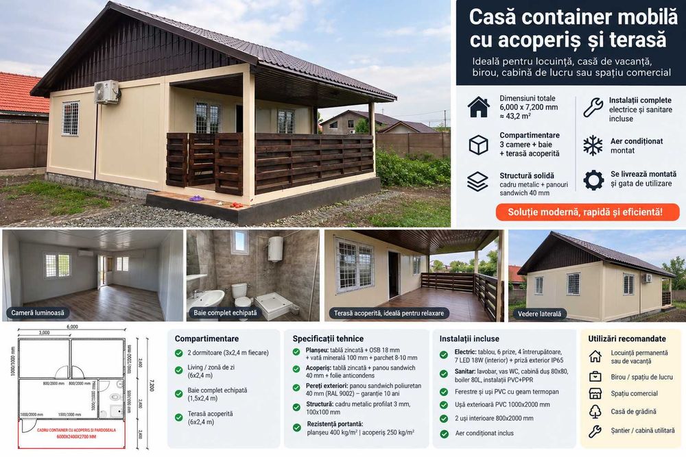 Casă modulară cu baie, AC și terasă acoperită