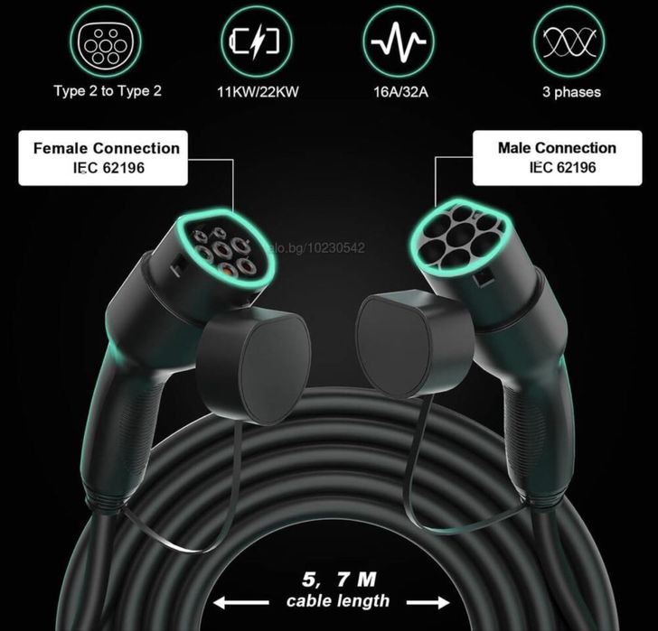 KUAX EV PHEV кабел за зареждане тип 2 22kW 32A  5м за автомобил