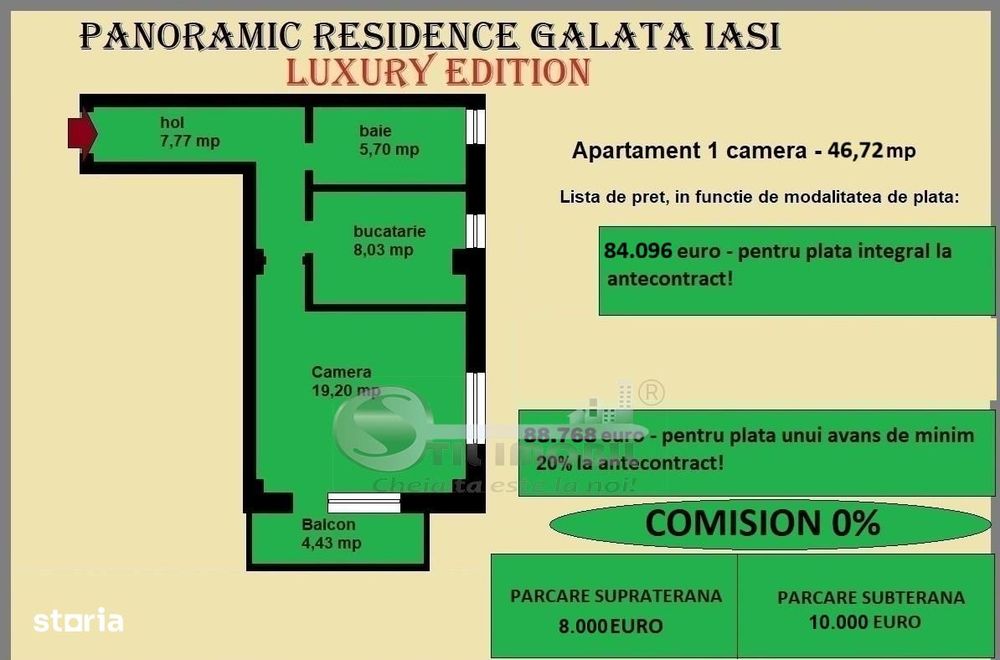 Apartament 1 camera de vanzare in Iasi, Galata, 46.72 mp, baie cu geam