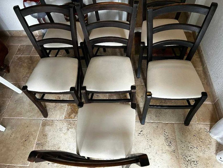 Scaune din lemn cu piele ecologica crem 7 bucati