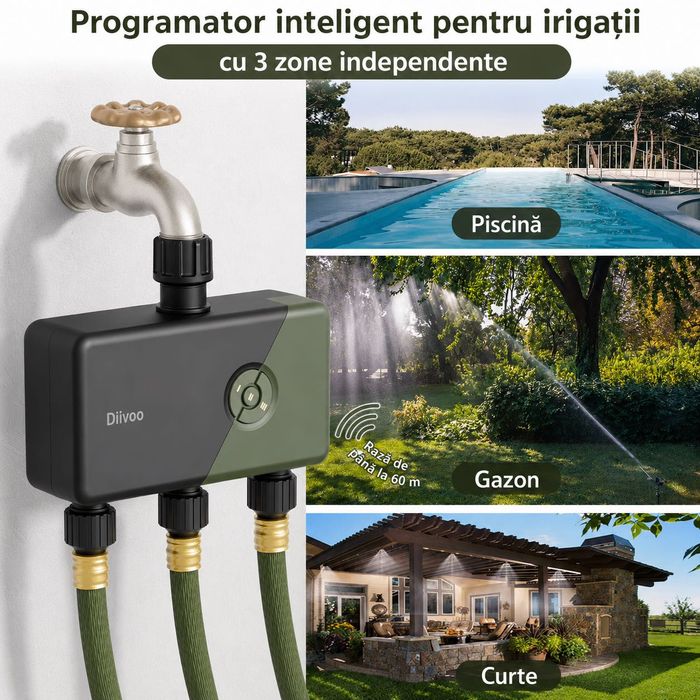 Programator irigare WiFi Diivoo 3 zone Alexa Google temporizator automat din alama pentru gradina