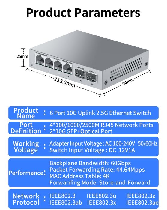 Switch 4x 2.5Gbps RJ 2x 10Gbps SFP