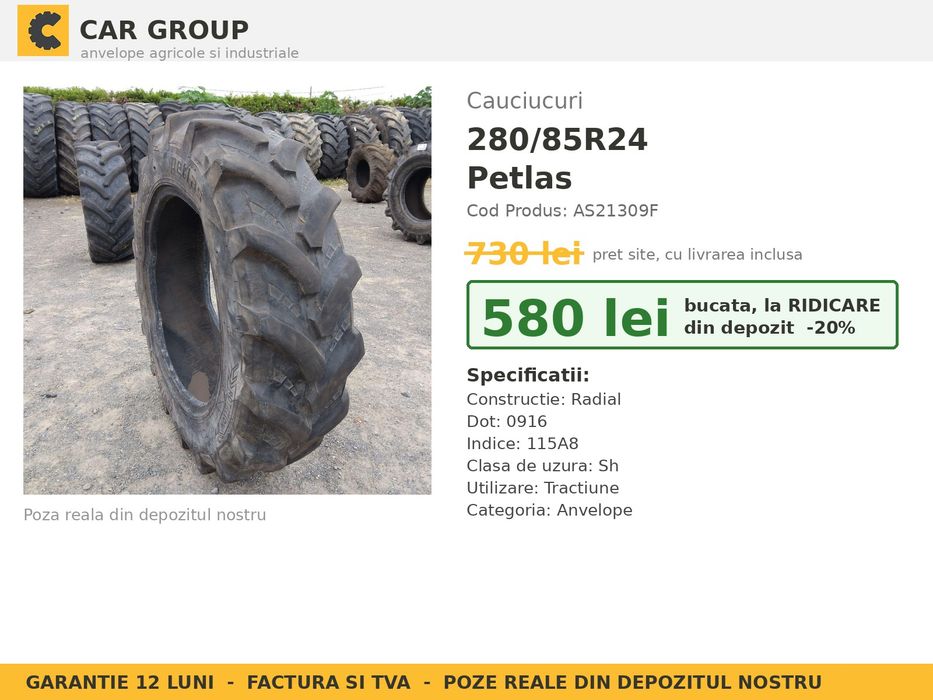Cauciucuri Anvelope 280/85R24 280/85 R24 280/85-24 11.2R24 2808524 Petlas Prasitoare Tractor Roti Inguste Utilaje Agricole SH Second Hand SECOND HAND