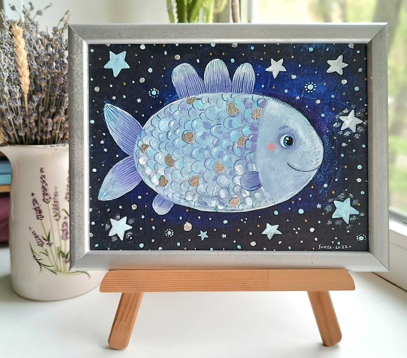 Картина в раме.  "Серебряная рыбка"