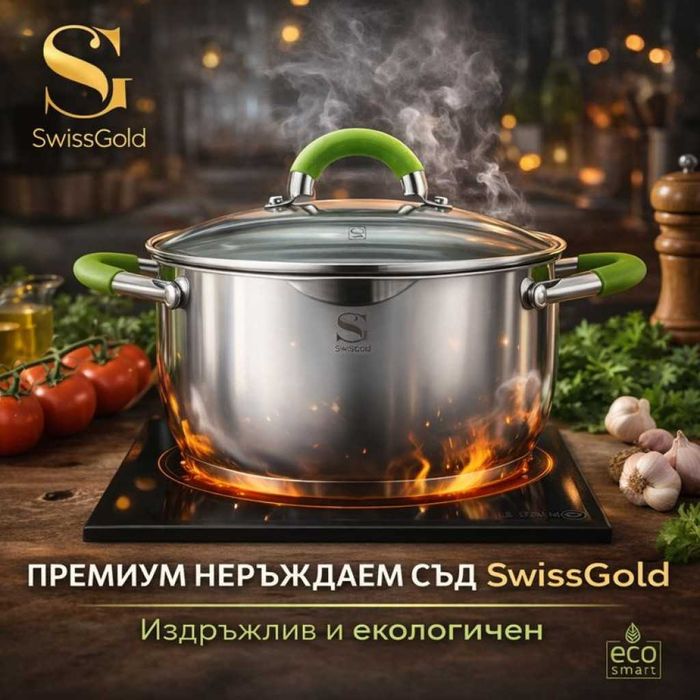 Комплект тенджери Swissgold Alana 3 броя неръждаема стомана 5 слойно дъно индукция зелени дръжки стъклени капаци