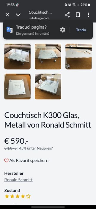Masă de cafea K300 sticlă, metal de Ronald Schmitt - made in Germany -