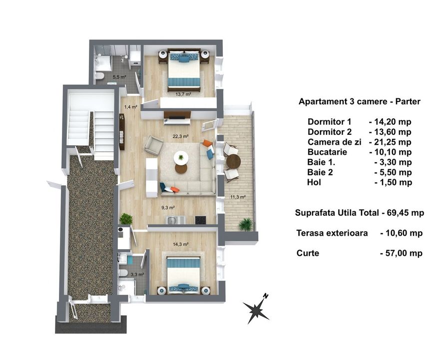 Apartament 3 camere, terasa și grădină