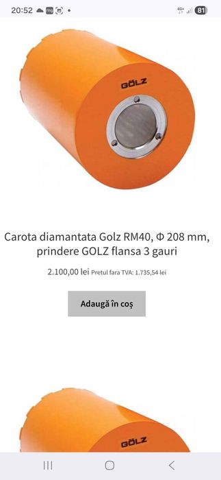 Carota diamantata Golz RM40, Φ 208 mm, prindere GOLZ flansa 3 gauri Professională