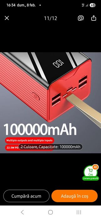 Baterie Externa  100.000 mAh /22.5 W / Incarcare rapidă.