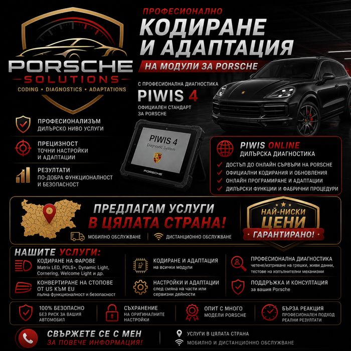 Кодиране, обучение и диагностика на автомобили Порше Porsche с професионална диагностика PIWIS4
