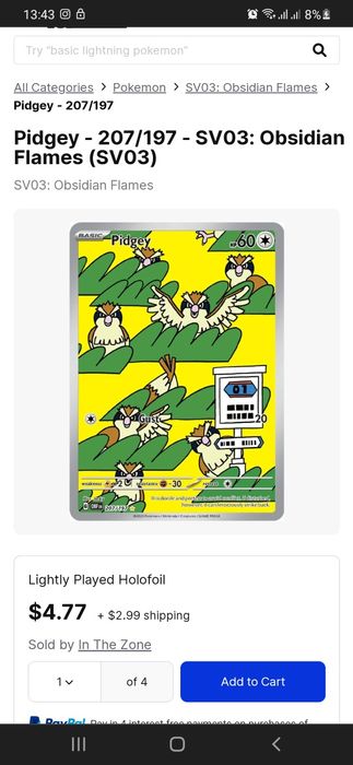 Pidgey Obsidian Flames 100% original Pokemon