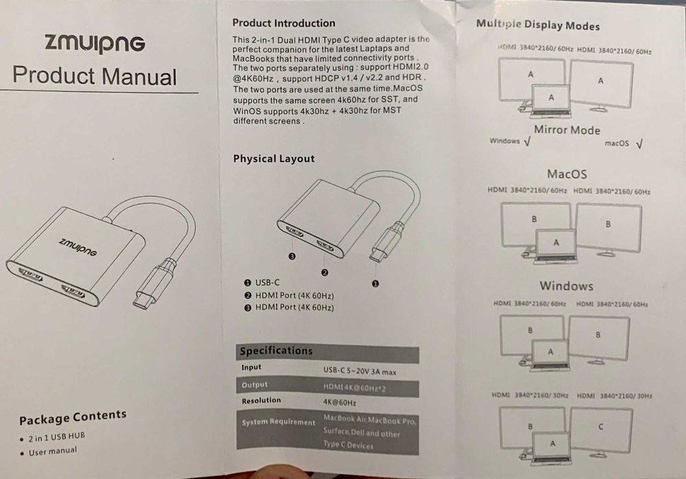 USB-C hub 2 in 1 la dual HDMI (MAC sau Windows, 3 monitoare în total)