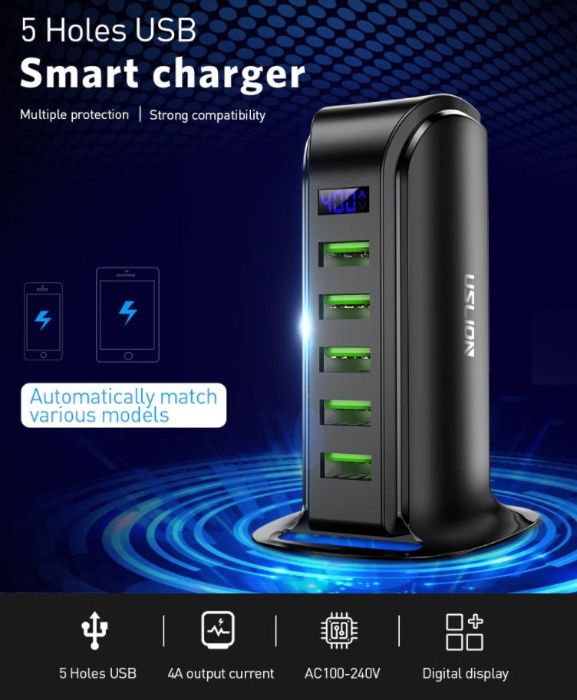 новая Мощная зарядка на 5 USB с индикацией тока заряда и напряжения