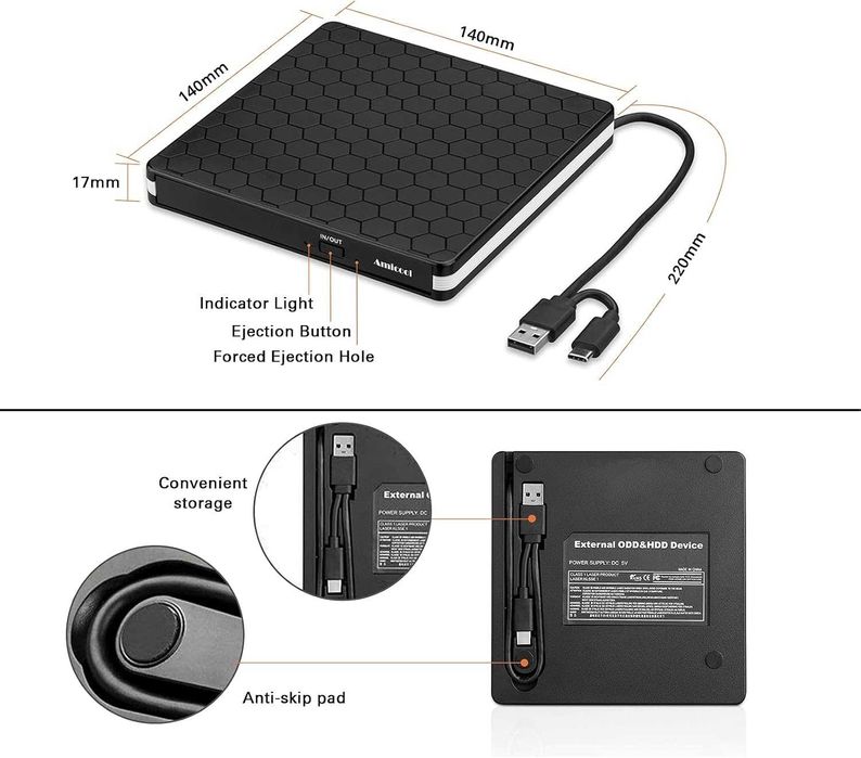 Външно DVD устройство Amicool – оптично устройство CD/DVD +/-RW с интерфейс USB 3.0 Type-C