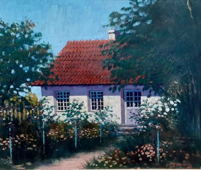 Tablou vechi - casa si gradina - semnat Verona