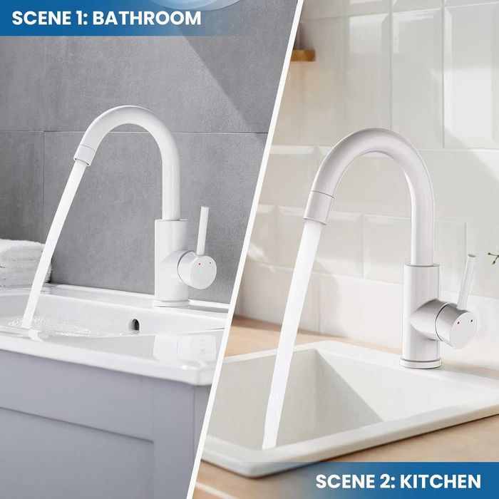 Baterie de baie din alamă pentru chiuvetă de baie, bucătărie mică, alb