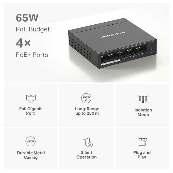 5 портовый гигабитный коммутатор с 4 порта PoE+ Mercusys MS105GP