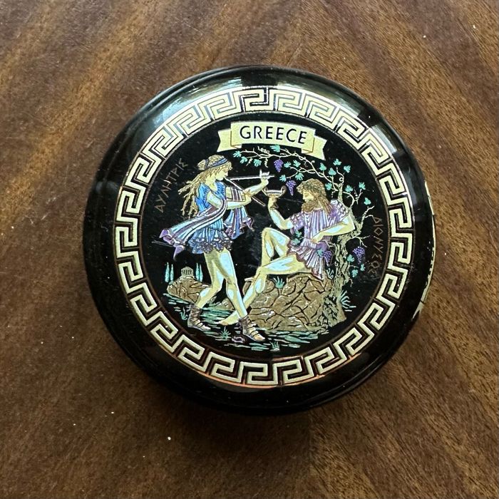 Винтидж гръцка керамична кутия Adis Dionysos, 24K Gold, 1970
