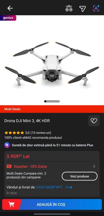 Drona DJI Mini 3, 4K HDR Nouă! Garanție 2 ani la eMAG!